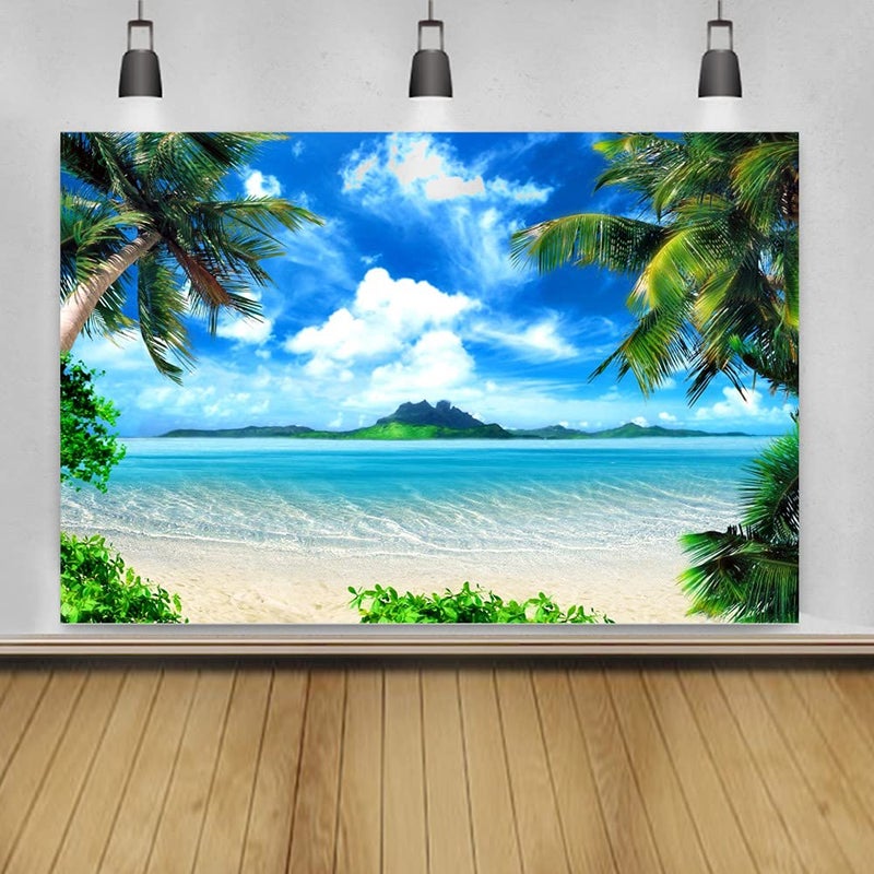 Laeacco 10x8ft Seaside Beach Vinyl Photography Background Summer Blue Sky White Clouds Island Palms Sea Waves Soft Sand Backdrop Wedding Banner Landscape Seascape Wallpaper Luau Shoot Studio Props - Image 5